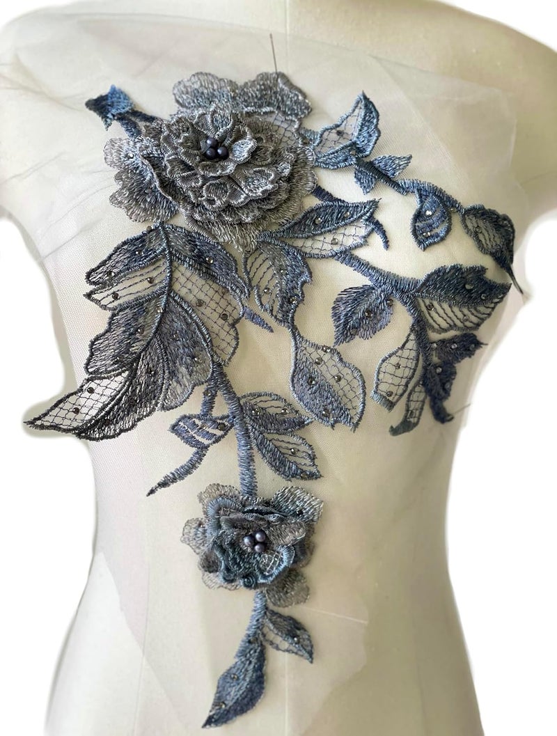 JRYYR Flower Embroidery Applique Patches, Handmade DIY Sew on 3D Flower Appliques for Clothing,Dresses, Dance Costumes, Bags, Home Decor (Gray Blue-B) - Image 1